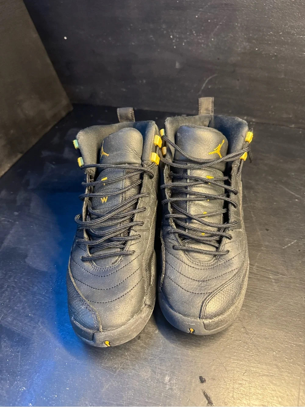 Jordan 12 men Black Sneakers with Yellow Accents